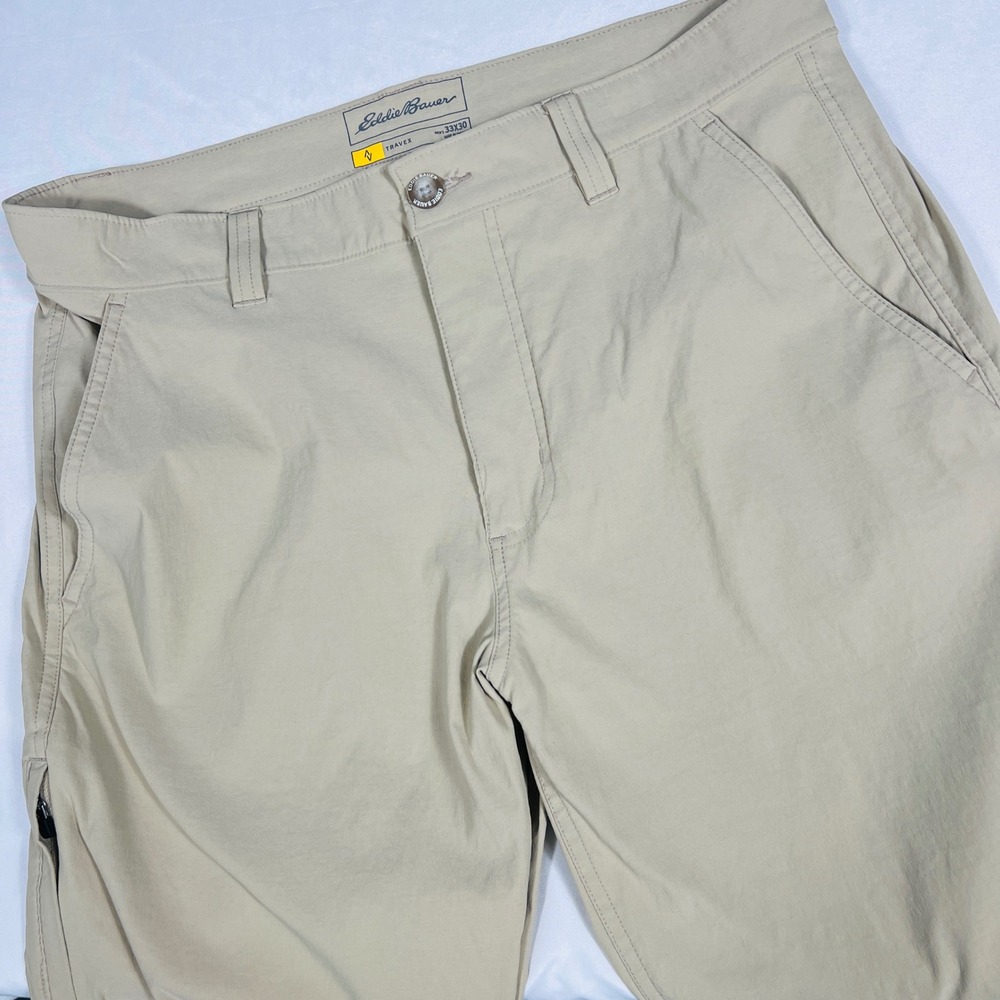 Eddie Bauer Travex Mens 33x28 Tan Khaki Nylon Stretch Travel Hiking Pants Hemmed